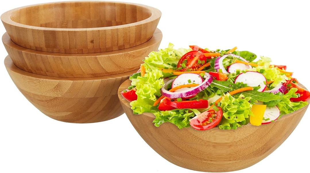 Lawei Set of 4 Bamboo Salad Bowls - 7 x 2.25 Inch Wood Serving Bowls Individual Meal Bowls Fruits, Salad, Pasta, Cereal, Rice and Snacks