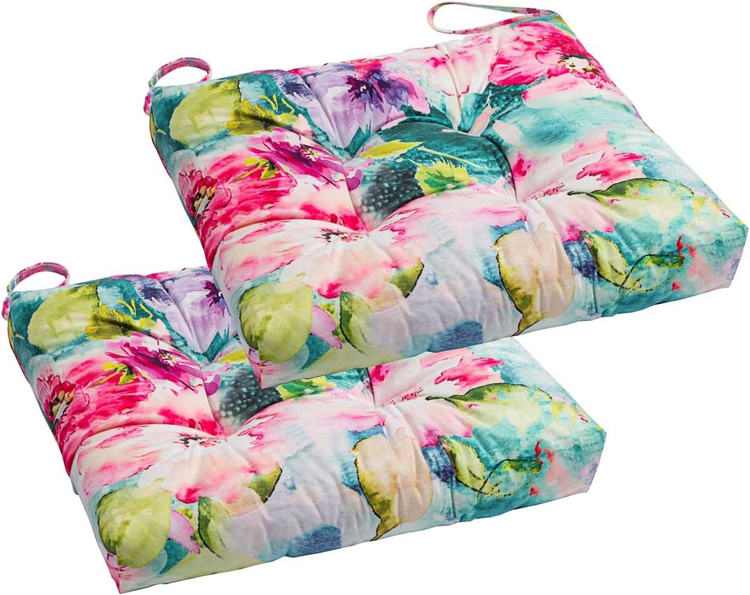 2-Pack Outdoor/Indoor Wicker Patio Seat Cushion Pad with Ties - Weather Resistant, Dining Chair Cushion, 17" x 17"(Watercolor Flowers)