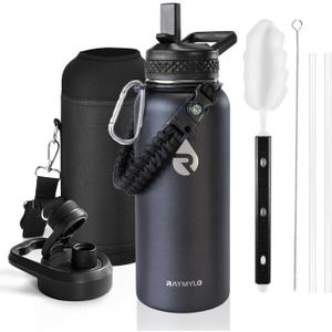 Insulated Water Bottle 32 oz, Triple Wall Vacuum Stainless Steel (Cold for 48 Hrs), Leak Proof & Non-BPA, Modern Water Flask Jug with Paracord Handle & Straw Spout Lids, Magic Black