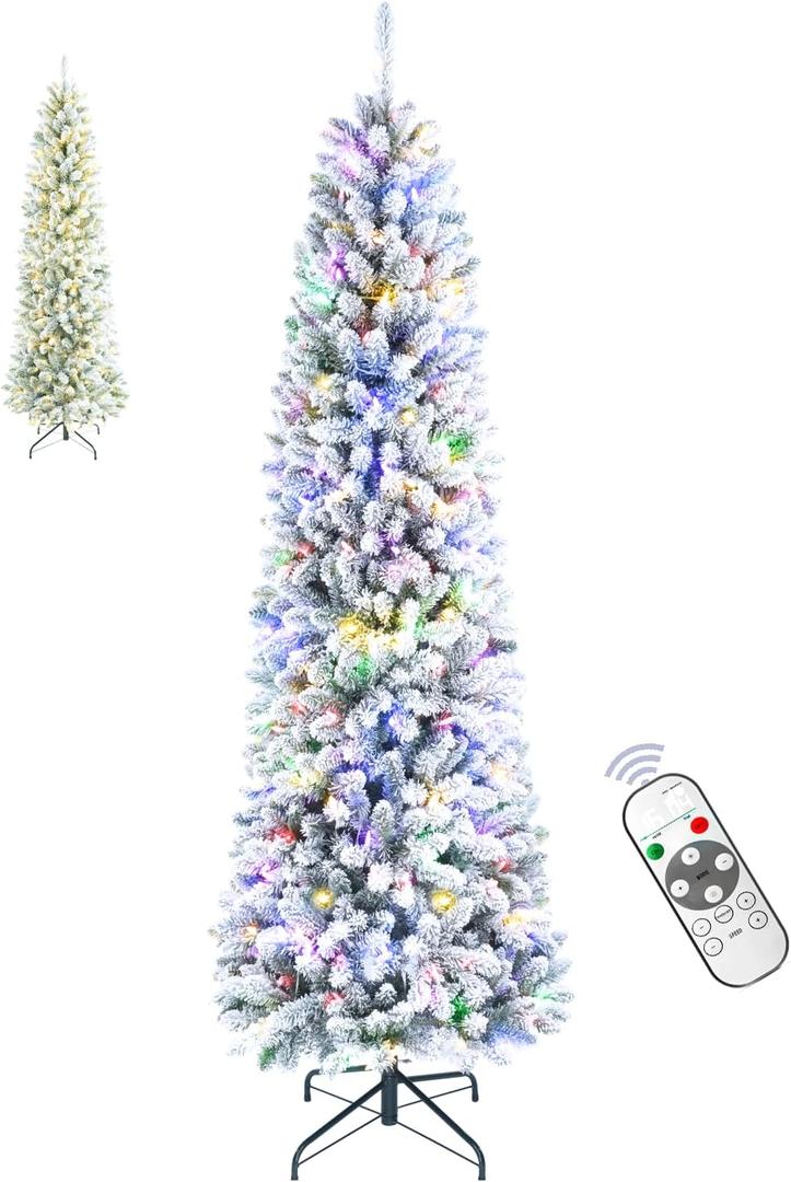 6.5FT Pre-lit Snow Flocked Pencil Christmas Tree with Remote Control, 250 Warm White Multi-Color Lights, Hinged Slim Skinny Spruce for Home, Office, Holiday Party Decoration Dual Color LED, Branch (Green Sonw)