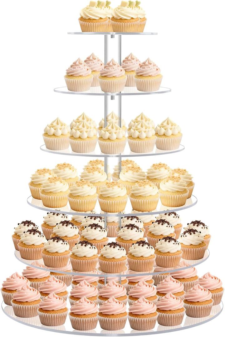 Cupcake Stand for 80 cupcakes, Acrylic, Large, Round, 6 Tier, Easy Assembly, Clear, for Wedding,Birthday, Party, Baby Shower