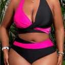 SOLY HUX Women's Plus Size Swimsuit Color Block Halter Criss Cross Bikini Sets Two Piece Bathing Suit (Black, 4XL)
