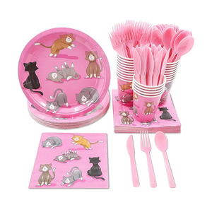 Cat Birthday Party Supplies, Paper Plates, Napkins, Cups and Plastic Cutlery (Serves 24, 144 Pieces)