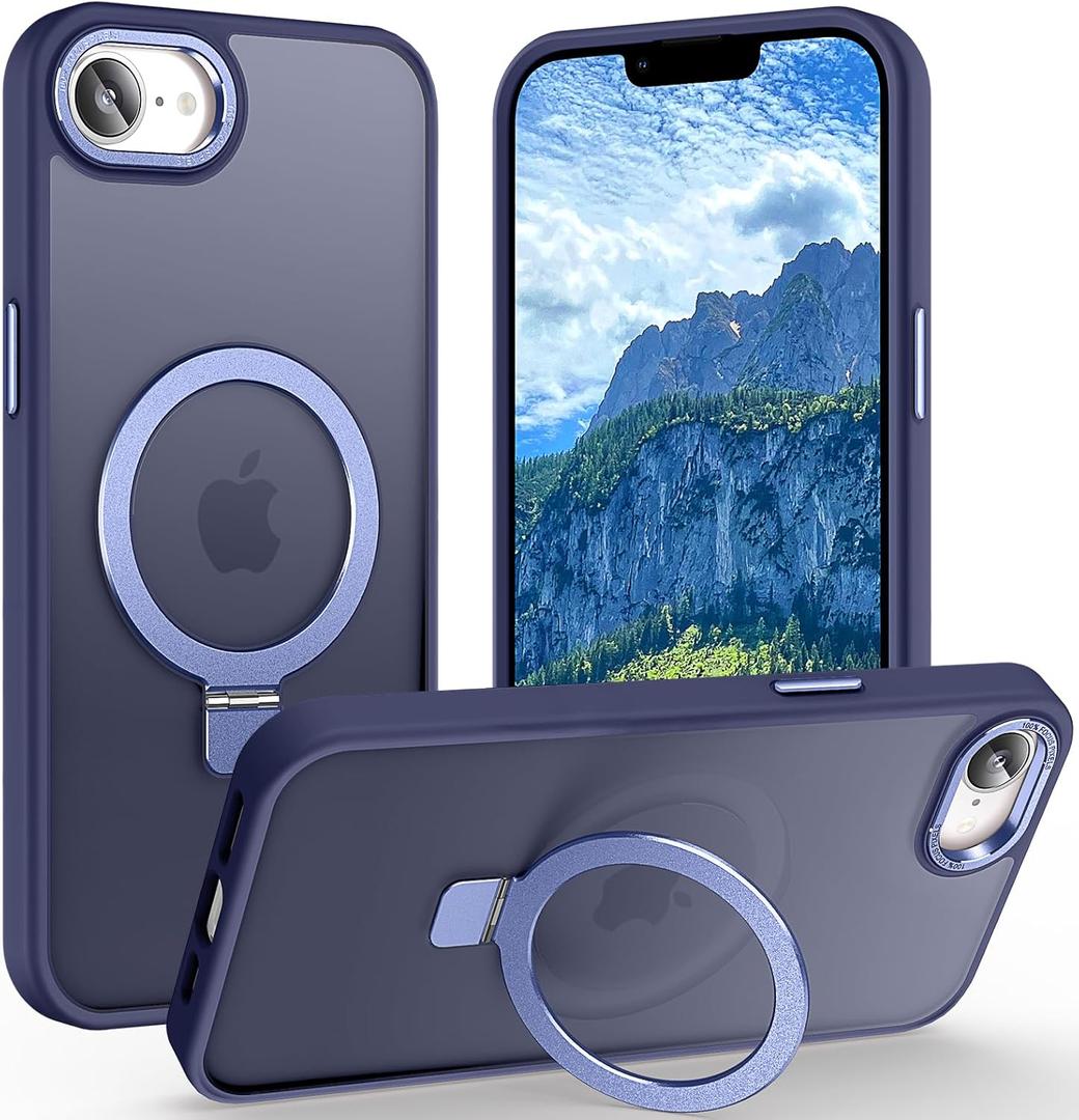 Magnetic for iPhone 16e Case with Ring Stand, [10 FT Drop Protection] [Velvety Touch] Slim Translucent Matte Back Shockproof Phone Case for iPhone 16e 6.1'', Blue