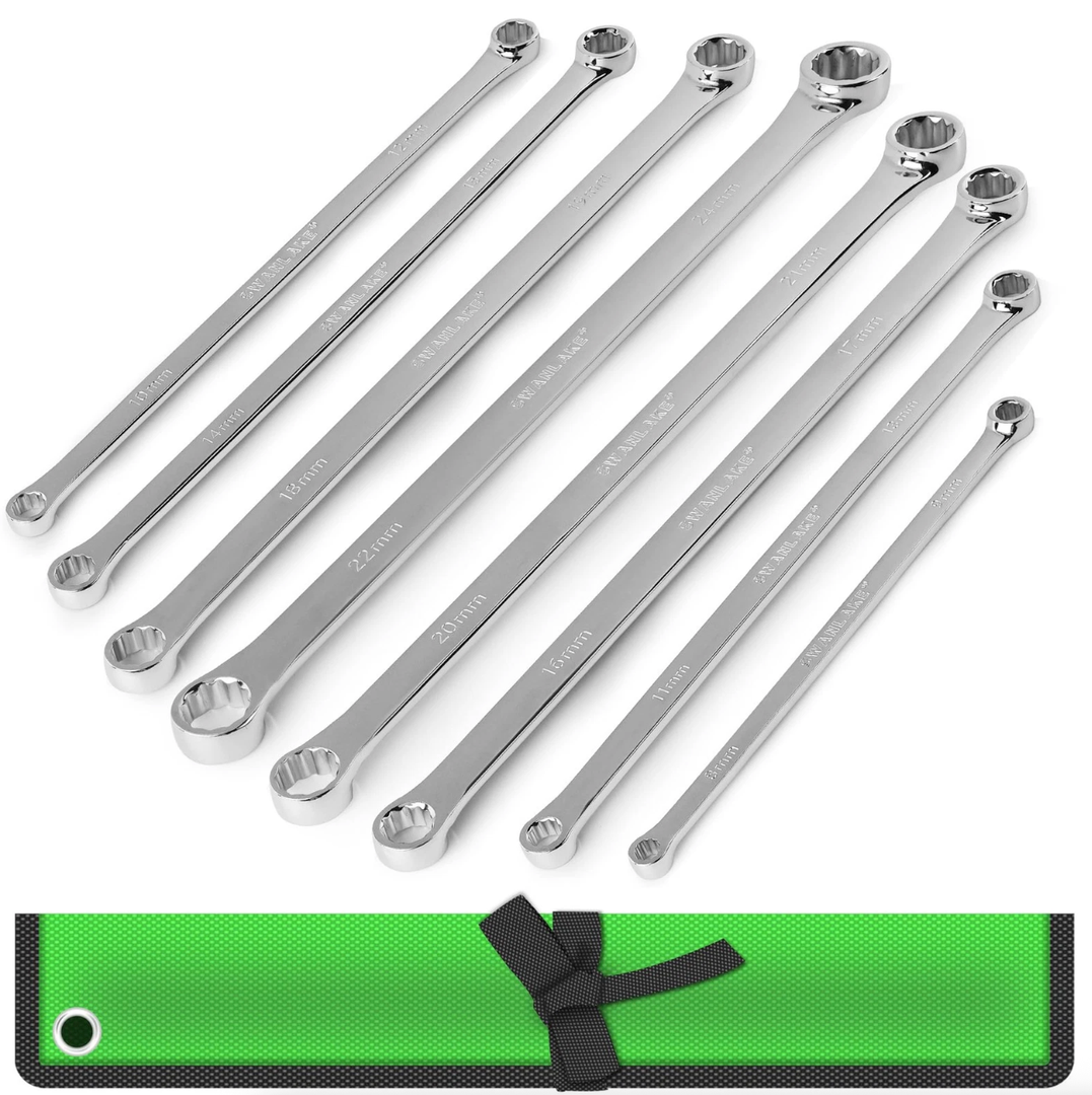 SWANLAKE GARDEN TOOLS 8Piece Extra Long Double BoxEnd Wrench Set, Premium 12Point Metric 8–24 mm, CRV Steel, 15° Offset, OffCorner Loading, with Tool Roll Bag