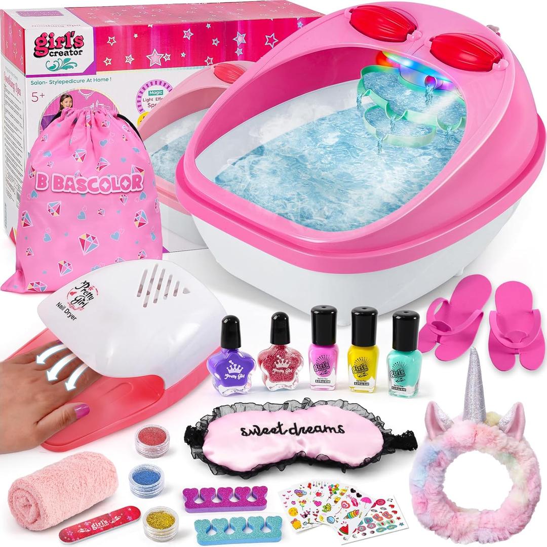 Kids Foot Spa & Nail Kit Set, Kids Spa Day Kit for Girls, Massage Foot Soak Tub and Nail Dryer, Manicure Pedicure Art Salon Girl Gift for 5-12, Christmas Birthday Gifts
