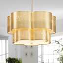Shrine Lighting Chandeliers, Modern Design, Perfect Drum Pendant Light for Dining Room, D17.3''  H9.4'', Adjustable 35'', 4 x E12 Sockets, Two Cloth Gold Lampshades & Gold Frame Finish