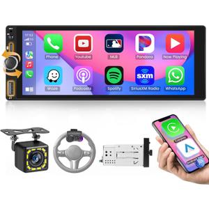 Single Din Touchscreen Radio with Wireless Carplay Android Auto, 6.86" Single Din Bluetooth Radio with Backup Camera, Mirror Link, FM/RDS, Fast Charging, USB Input