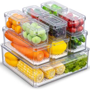 KUMD 10-Pack Clear Fridge Organizer Bins with Lids, Stackable Refrigerator Storage Containers, BPA-Free with Drain Tray & Anti-Slip Base for Fruits, Veggies, Drinks