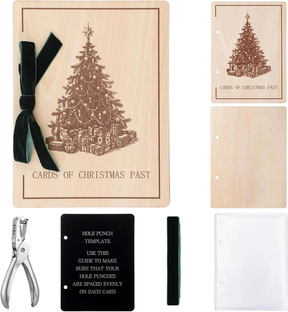 Hoolerry Christmas Wood Card Organizer Set Christmas Card Holder Include a 6 x 8 Cards Organizer a Hole Punch a Print Template 20 Protectors for Holiday Greeting Storage Gift(Stylish)