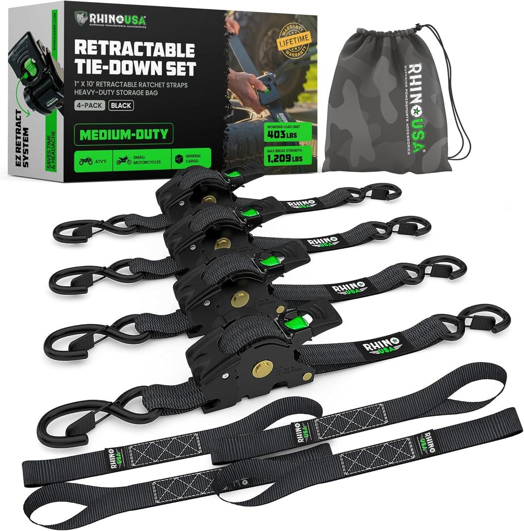 Rhino USA Retractable Ratchet Straps (4-Pack) - 1 Inch x 10 Feet (1,209lb Break Strength) - Auto Self Retracting Tie Down Straps for Truck, Cargo Trailer, Motorcycle, ATV, UTV - Black