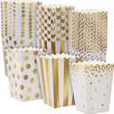 102 Pack Gold Foil Mini Popcorn Boxes for Movie Night Party Supplies, 3 Designs (20oz, 3.5x3.5x5.5 in)