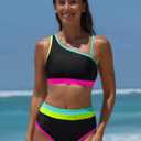 popvil Women's One Shoulder Swimsuit : Neon 2 Piece High Waisted Bikini Sets Cute 2026 Color Block Bathing Suit (S)