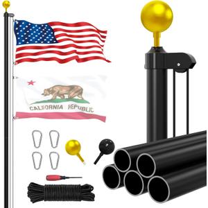 Ryzenthr 25 FT Flag Pole Kit for Outside, 14 Gauge Heavy Duty Flagpole Kit for Yard, Extra Thick Outdoor Flag Poles with 3x5 American Flag for Residential or Commercial (Black+Golden Sleek Ball Top, 2025 Upgraded Version)