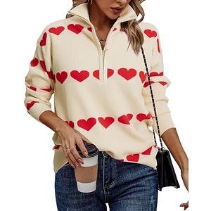 Heart Sweater for Women V Neck Valentines Sweatshirt Quarter Zip Pullover Ribbed Knitted Sweaters Loose Slouchy Tops, 2XL