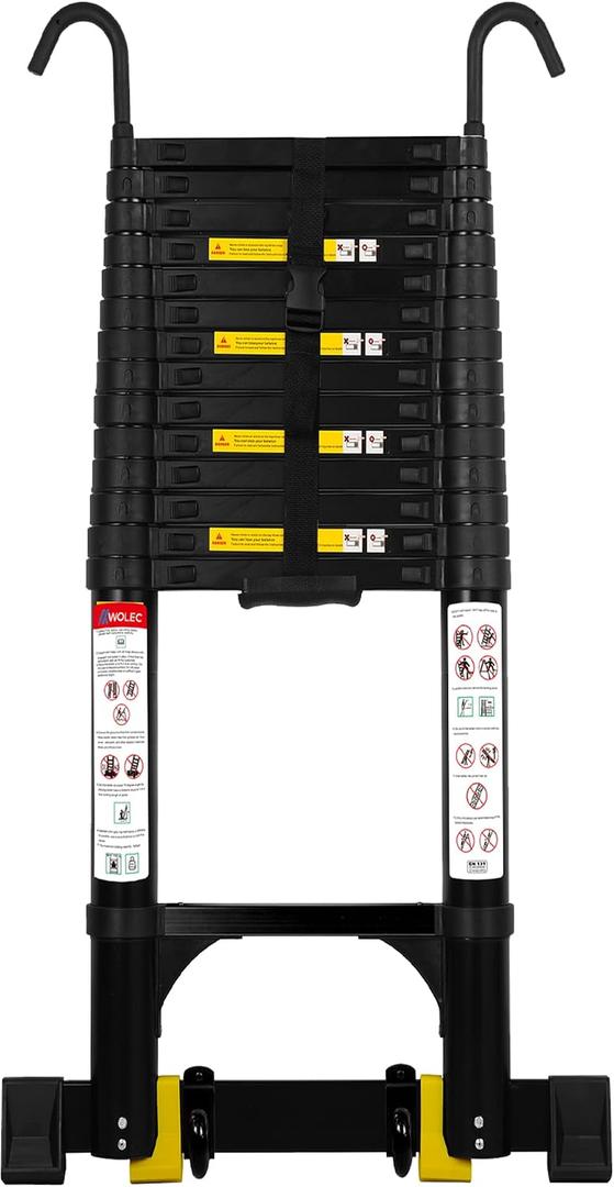 Telescoping Ladder with Hooks, 19 FT, Stabilizer & Wheels, Black
