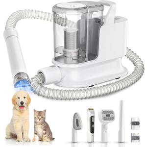 Dog Grooming Kit & Dog Grooming Vacuum, 12Kpa Suction Pet Vacuum Grooming Kit with Low Noise, 3 Suction Mode, 2L Capacity, 5 Pet Grooming Tools for Shedding Cat Hair, Home Cleaning (White)