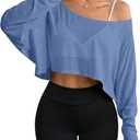 Women's Off Shoulder Mesh Crop Top Sheer See Through Long Sleeve Sexy Casual Outfit for Spring Fall (Blue, S)