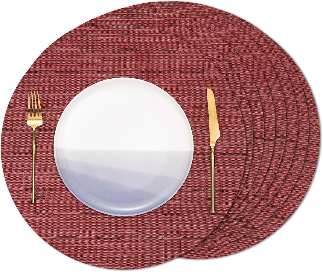 Round Placemats Set of 8 Heat Resistant Vinyl Placemats 15 inch Washable Non-Slip Table Mats Woven Place Mats for Dining Table (Red, Set of 8)