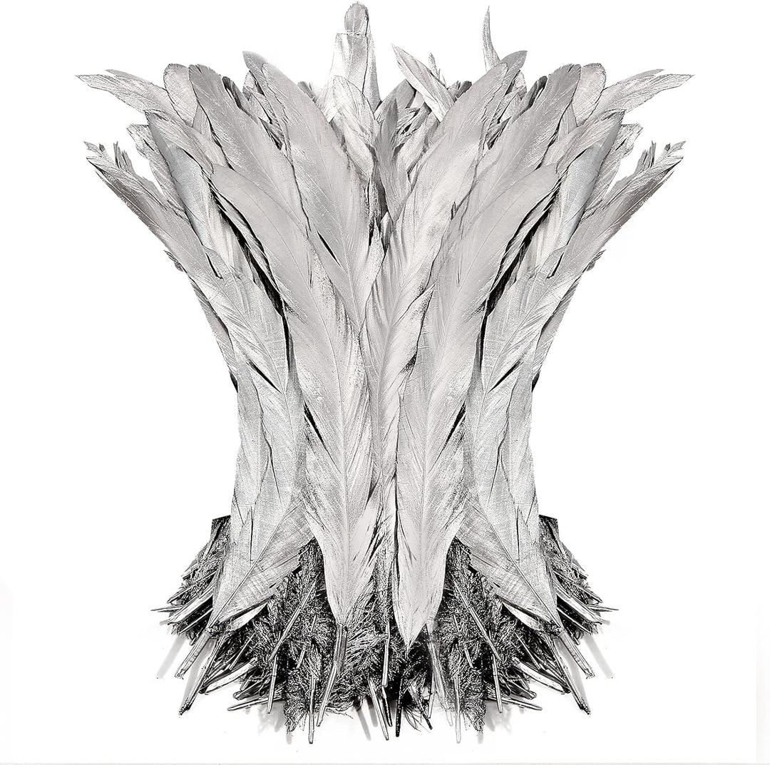 THARAHT 50PCS Rooster Coque Tail Feathers Bulk Natural 12-14Inch 30-35cm for Crafting Wedding Gras Masquerade Party Performances DIY Decoration Rooster Tail Feather,Silver