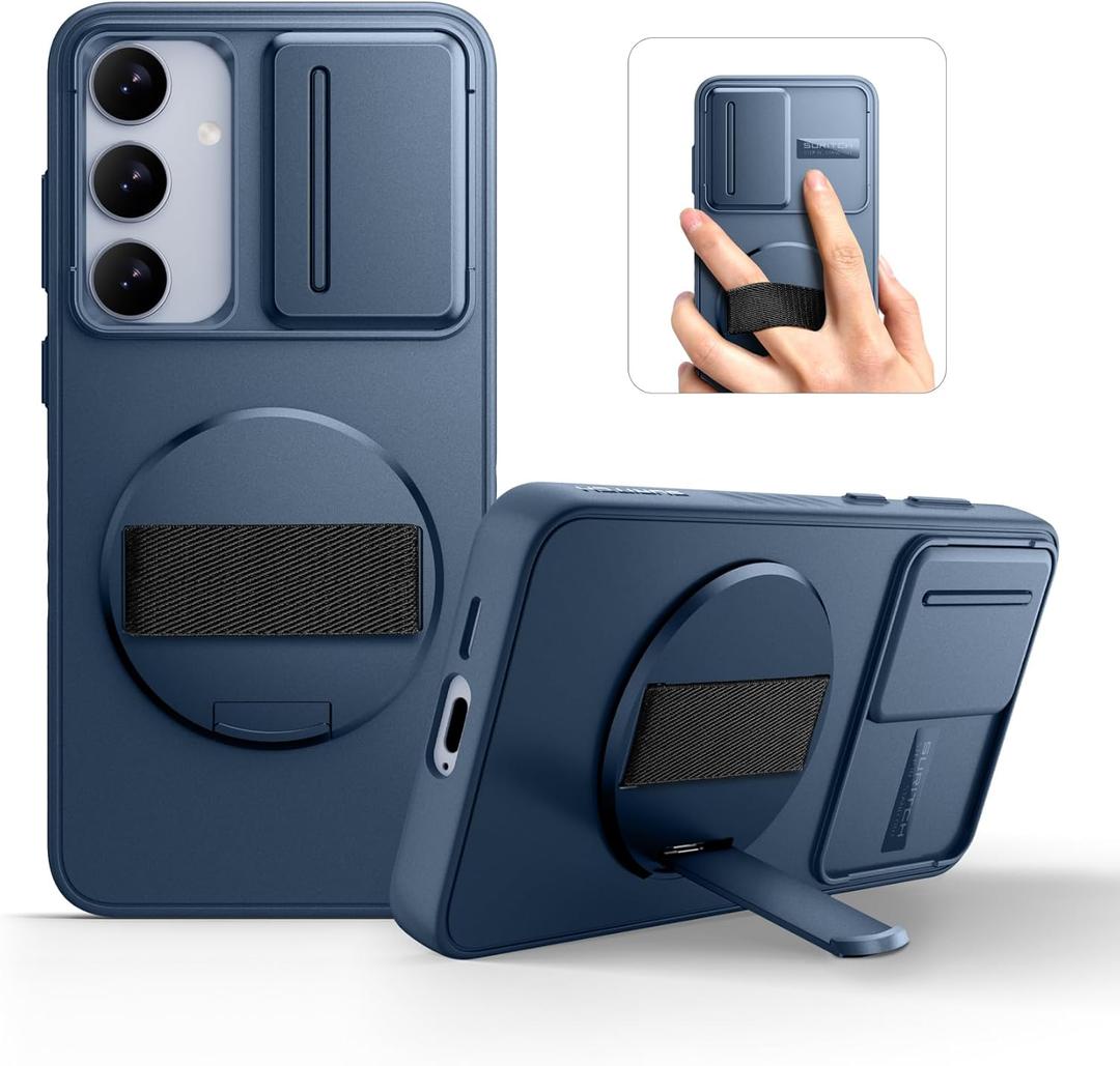 SURITCH for Samsung Galaxy S24 Case with 360 Rotatable Hand Strap Phone Grip & Invisible Kickstand & Slide Camera Cover, Rugged Shockproof Protective Cover for S24 -Dark Blue