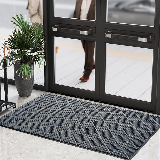 COCOER Commercial Floor Mat, Commercial Rug Rubber Border, 3' X 5' GRAY Indoor Outdoor Rugs Entry Mat Muddy Dirt Resist, Heavy Duty Outdoor Door-Mat Entryway-Rug Indoor