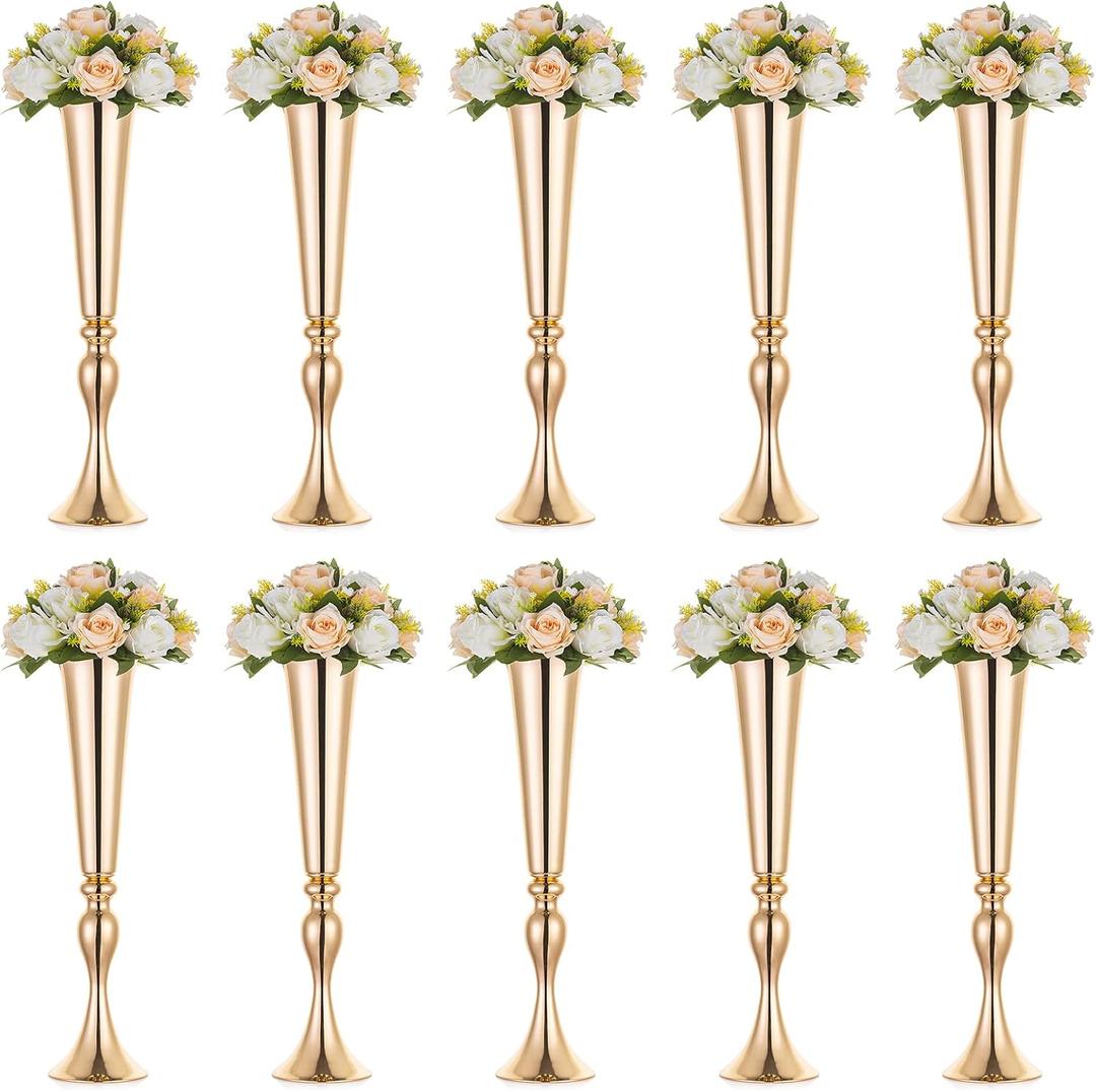 NUPTIO Gold Tall Centerpiece Table: 21.9" Trumpet Vases for Wedding Metal Flower Stand for Party Decorations Set of 10