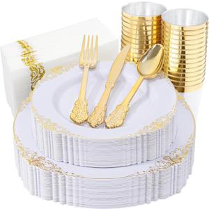 Nervure 175PCS White and Gold Plastic Plates - Disposable Dinnerware Set Include 50 Gold Plates for Dinner and Dessert, 75 Cutlery, 25Cups 25Napkins for Wedding & Party & Thanksgiving