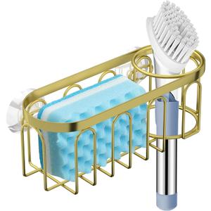 2-in-1 Sponge Holder for Kitchen Sink, Suction Cup Sponge Rack Kitchen Sink Caddy, No Drill Rustproof Sink Organizer for Place Dishwashing Brush Soap and Sponge (Gold)