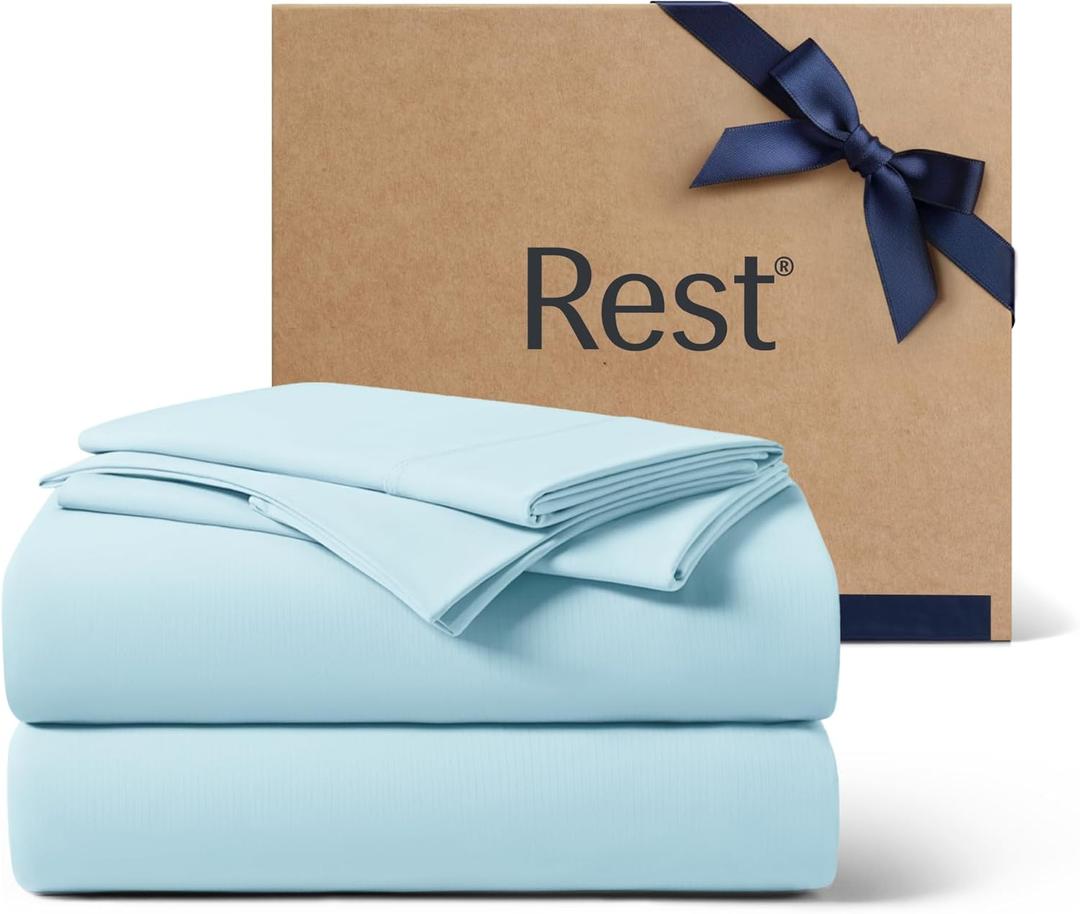 REST Evercool+ Cooling Sheet Set, Cali King Size, Light Blue, Breathable Bed Sheets for Hot Sleeper and Night Sweats, with Pillowcases, with Ionic+ Self-Cleaning Silver Yarn for Sensitive Skin, 4PCS