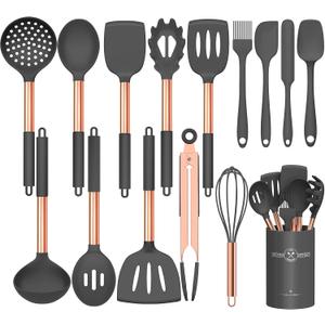 Silicone Cooking Utensil Set, Umite Chef Kitchen Utensils 15pcs Cooking Utensils Set Non-stick Silicone Rose Gold Handle Cooking Tools Whisk Kitchen Tools Set -Grey