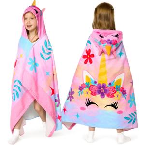 Joiedomi Unicorn Hooded Towels for Kids Soft 100% Cotton Kids Beach Towel 30" x 50" for 3-10 Years Boy Girl Beach Hooded Poncho Absorbent Pool Toddler Swim Bath Wrap, Pink Unicorn