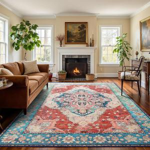 Terrug 6x9 Area Rug for Living Room, Vintage Washable Rugs with Non-Slip Backing for Bedroom, Low Pile Stain-Resistant Boho Carpet for Dinning Room Drom Farmhouse Home Decor (Rust)