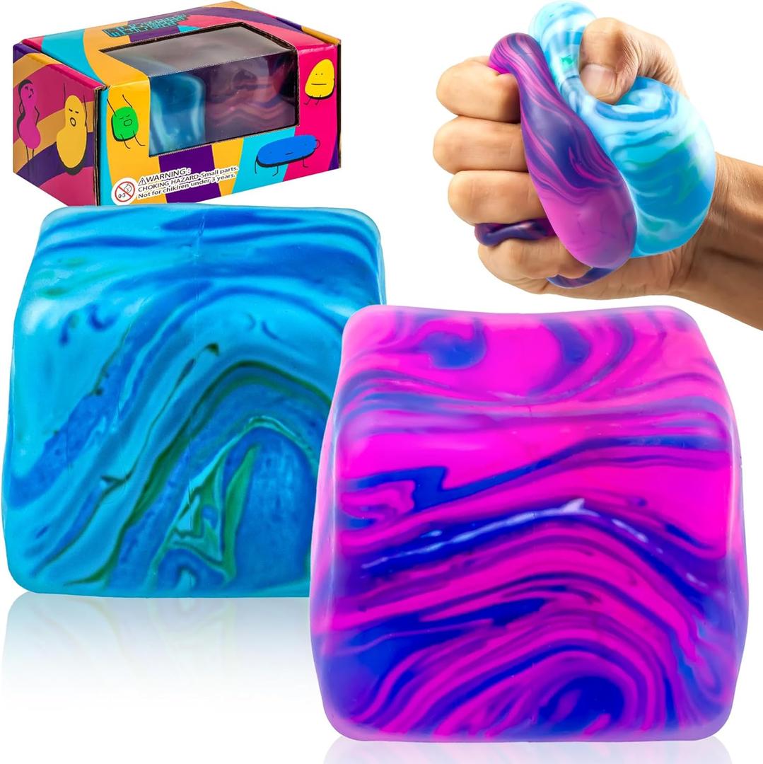 Color Swirl Squishy Stress Cubes 2-Pack: 2.25" Stress Balls for Kids & Adults | Fidget Toys for Anxiety, ADHD & Autism | Ideal Classroom Prize | BP