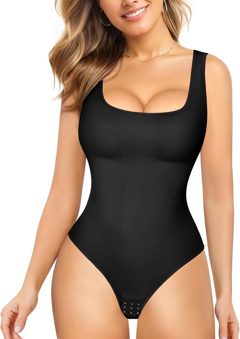 Nebility Womens' Waist Trainer Seamless Round Neck Tummy Control Shapewear Bodysuit (Medium/Large, Black Thong Bodysuit)