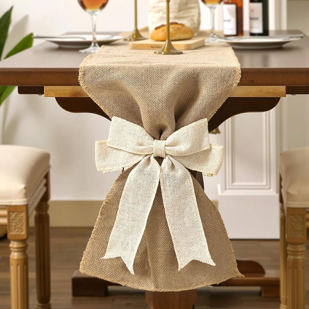 MelonBoat Farmhouse Table Runner: 72 Inch Bohemian Burlap Table Runner Collection, White Bow-Tied Boho Table Decor, Rustic Christmas Table Decoration for Xmas Home Decor Banquet Wedding Decor