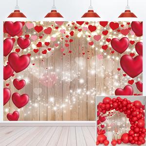 Vintage Rustic Wood Backdrop Glitter Lights Red Love Heart Valentine's Day Backdrops Mother's Day Photography Background Wedding Bridal Shower Anniversary Party Supplies Banner 7x5FT