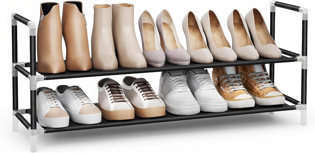 SONGMICS 2-Tier Shoe Rack, Shoe Storage for Hallway Closet, Slim and Space-Saving, Metal Frame, Non-Woven Fabric Shelves, Black 