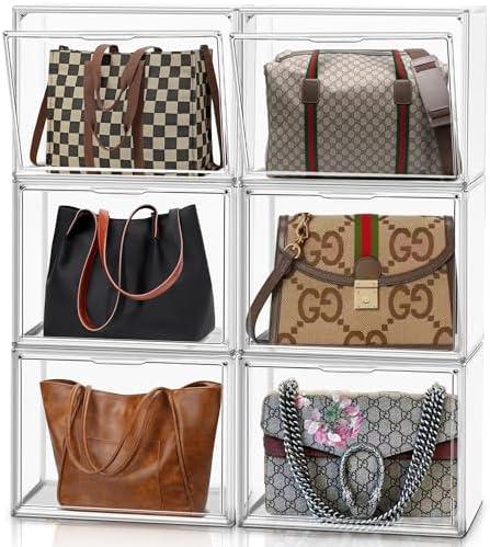 12 Pack Purse Organizer for Closet Size 14 Shoe Storage Box Stackable Acrylic Display Case Handbag Organizer with Magnetic Lid Transparent Storage Container for Sneaker, Boots, Hat, Book, Collectibles