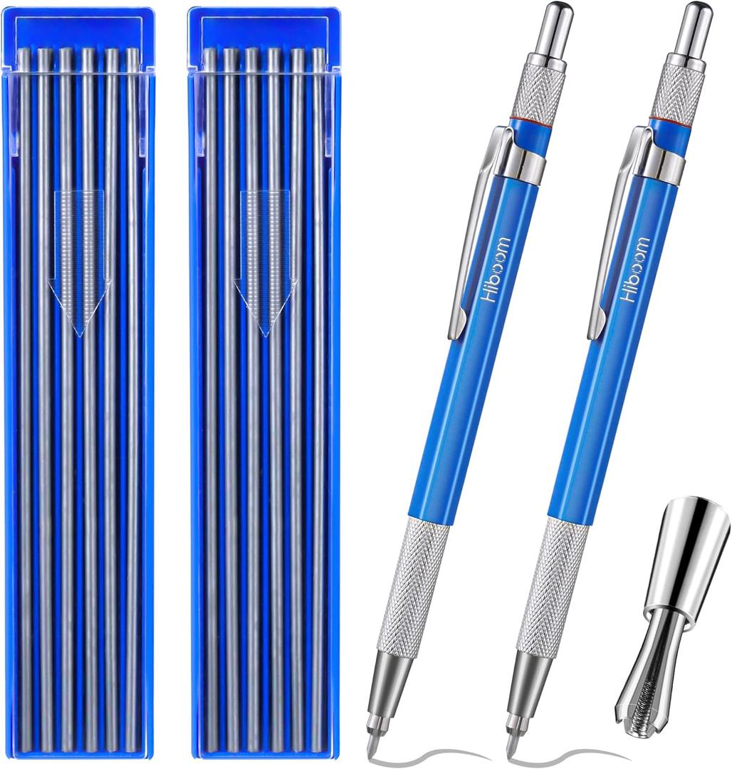 Hiboom 2 Pcs Welders Pencil with 24 Pcs Silver Round Refills, Mechanical Pencils Metal Marker with Built in Sharpener for Pipe Fitter Welder Steel Construction Fabrication Woodworking