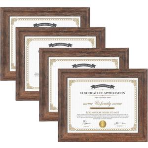 8.5x11 Certificate Document Frame Rustic Distressed Picture Frames 8.5 x 11 Set, Wall Hanging and Tabletop, 4 Pack, Brown