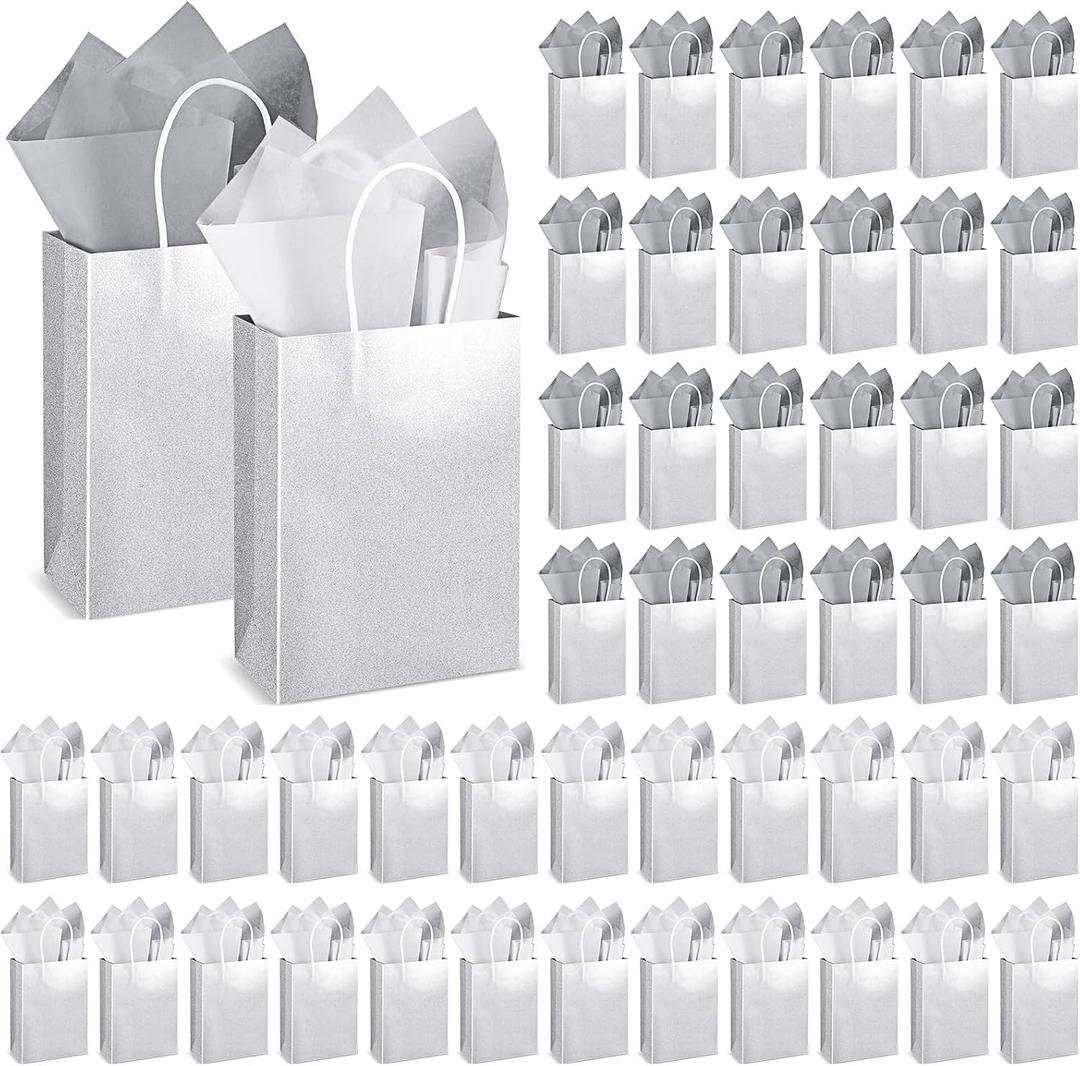 Colarr 50 Pcs 8.2 x 5.9'' Glitter Kraft Paper Favor Bag with 100 Tissue Wrapping Paper Bulk, Xmas Wrap Bags Gift with Handle for Christmas Wedding Bridal Baby Shower Birthday(Silver)