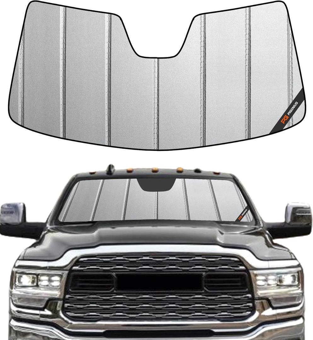 Pigenius Windshield Sun Shade for Ram 2500/3500/4500/5500 2019-2024 with 5 inch Wide Sensor Front Window Sunshade - Safeguard (Gray)