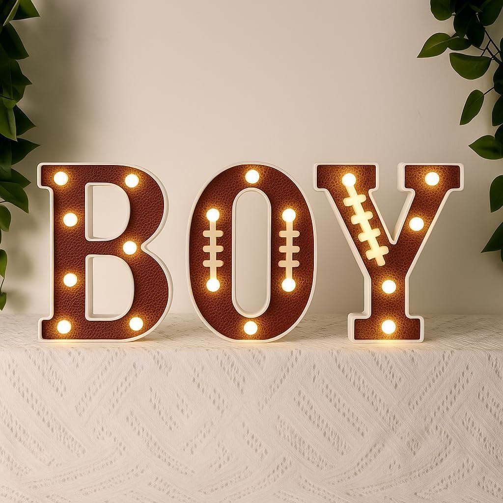 Realspring Baby Shower Sign Babe Marquee LED Letters Battery Operated Light up Centerpieces Glowing Home Table Party Decor for Boy Girl Gender Reveal Birthday, 8.26''(Football Boy,Brown)