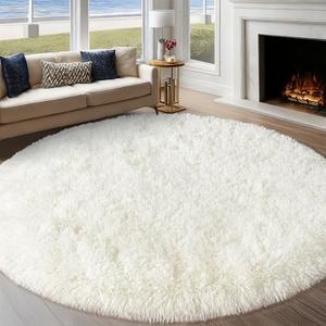 Round White Rug for Bedroom, 8 ft Circle Area Rugs for Living Room, Soft Large Fluffy Shag Carpet for Teen Girls Boys Nursery Room Dorm Home Decor Aesthetic