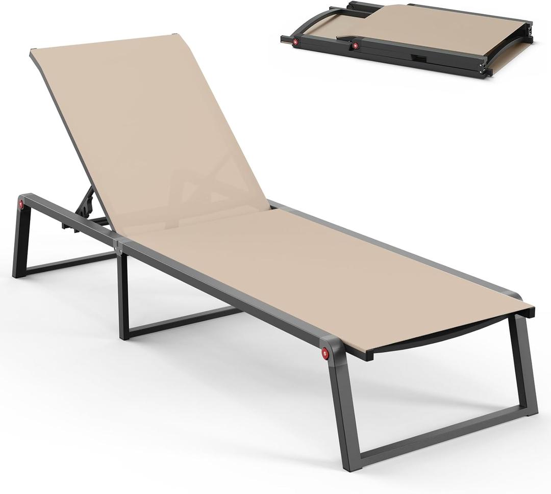 Aluminum Chaise Lounge Chair Outdoor, Foldable& No Assembly Patio Pool Lounge Chairs 5-Position Recliner for Outside, Fully Grounded Legs Sun Lounger for Poolside, Khaki