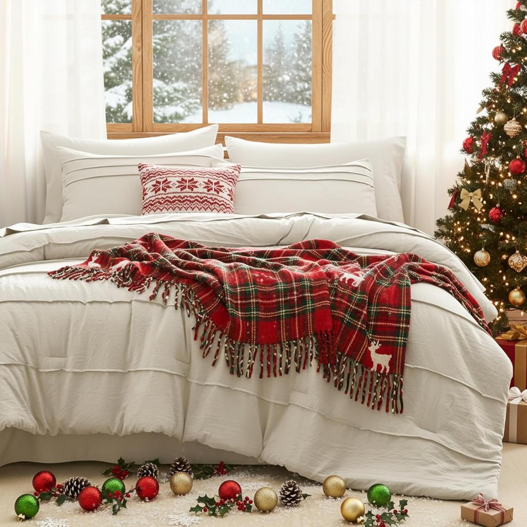 CozyLux Comforter Set Queen Size, Beige 7 Pieces Soft Pinch Pleat Bed in a Bag Queen Comforter Set with Sheets, Boho Bed Set with Down Alternative Comforter, Sheets, Pillowcases & Shams