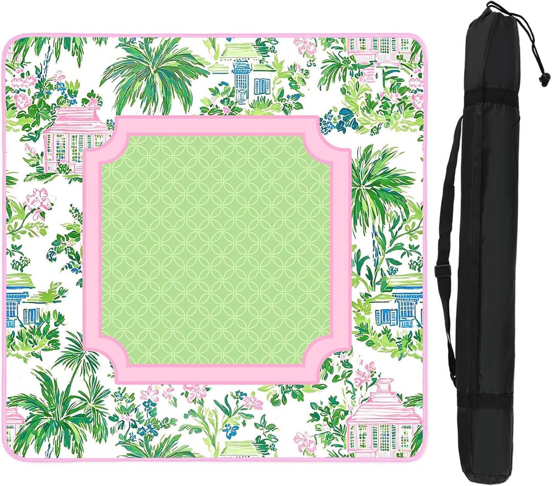 FYSUIMU Chinoiserie Coconut Tree Mahjong Mat with Carrying Bag 31.5" x 31.5" Pink Green Pavilion Floral Table Mat Noise Reduction Non-Slip Game Table Cover for Spring Summer Card Board Tile Games