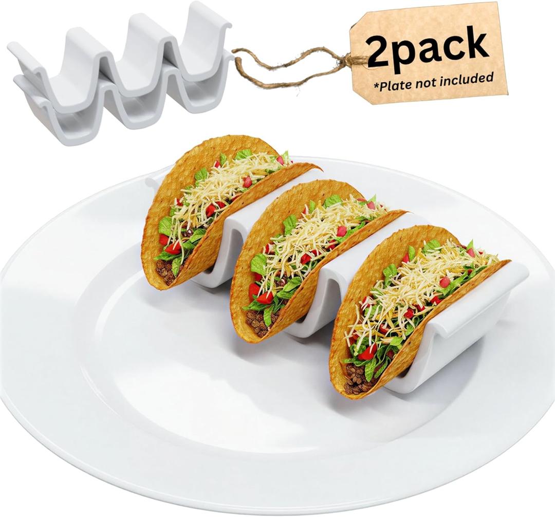 HolaTasty Taco Shell Holder Ceramic, Taco Stands For 3 Tacos - Compact Taco Rack For Street/Hard Shells, Mini Taco Holders For Microwave Oven, Taco Party Serving Supplies - Set Of 2 (White - 2 Pack)