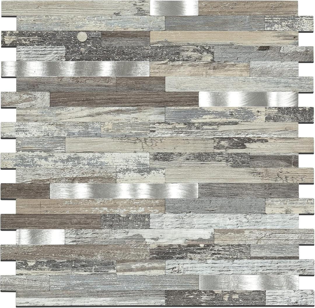 Midcard 10 Sheets Peel and Stick Backsplash PVC Wall Tile,for Kitchen Backsplash (Rectangular Distressed Silvery Moon)